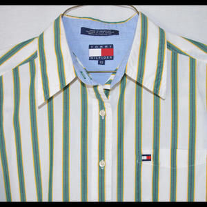 Tommy Hilfiger Blouse White w/Green Stripes Button Front LS Cotton Women's 10